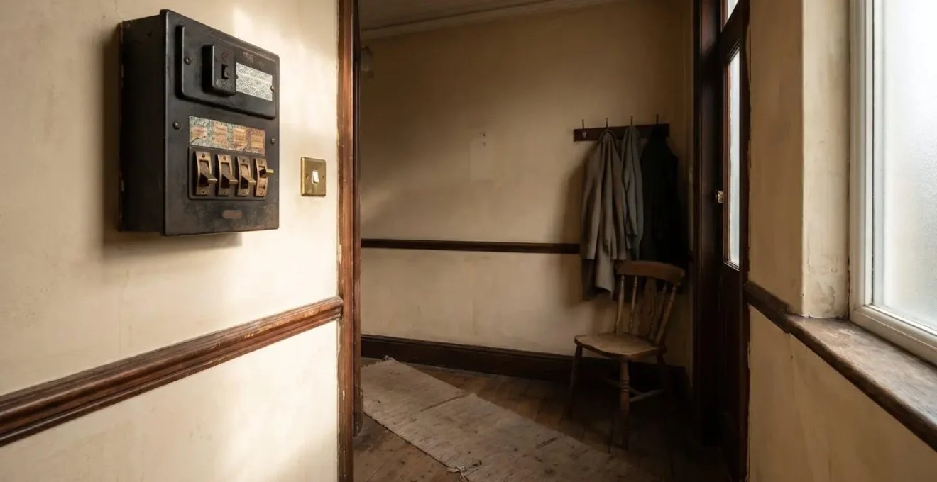 Vintage electrical installation in a 1930s British home showing aging wiring and consumer unit