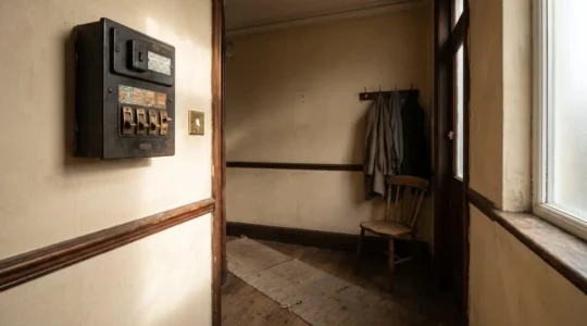 Vintage electrical installation in a 1930s British home showing aging wiring and consumer unit