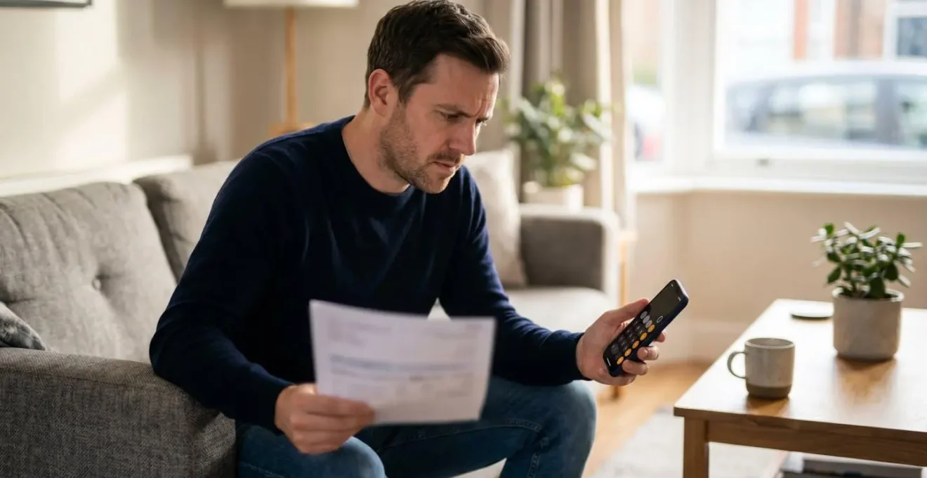 Homeowner contemplating insurance decision in modern living room with natural light