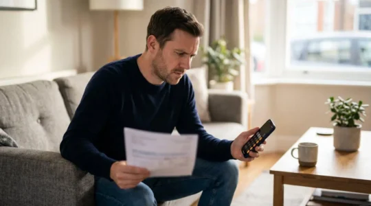 Homeowner contemplating insurance decision in modern living room with natural light
