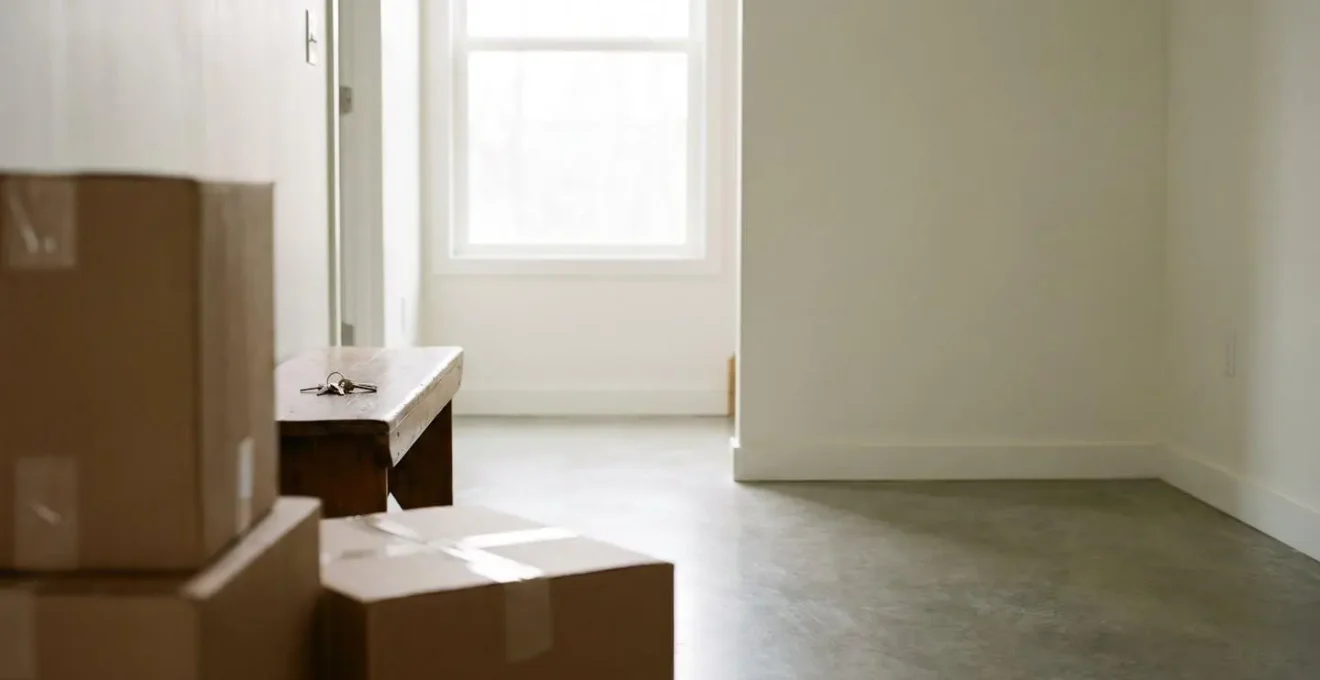 Wide composition showing the symbolic transition from homeowner to landlord through architectural elements and natural lighting in a residential setting