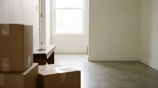 Wide composition showing the symbolic transition from homeowner to landlord through architectural elements and natural lighting in a residential setting