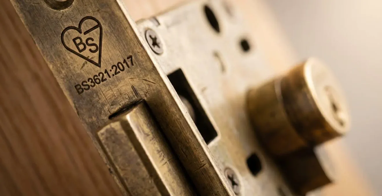 Close-up of a BS3621 kitemark on a mortice lock faceplate showing insurance approval certification