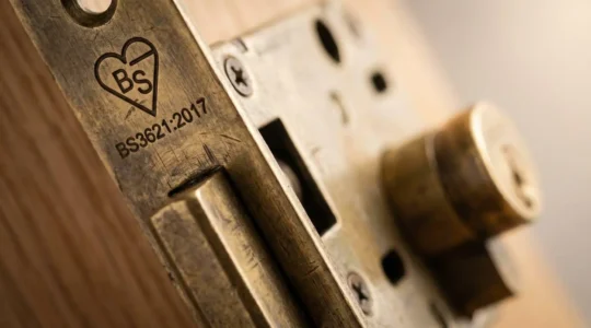 Close-up of a BS3621 kitemark on a mortice lock faceplate showing insurance approval certification