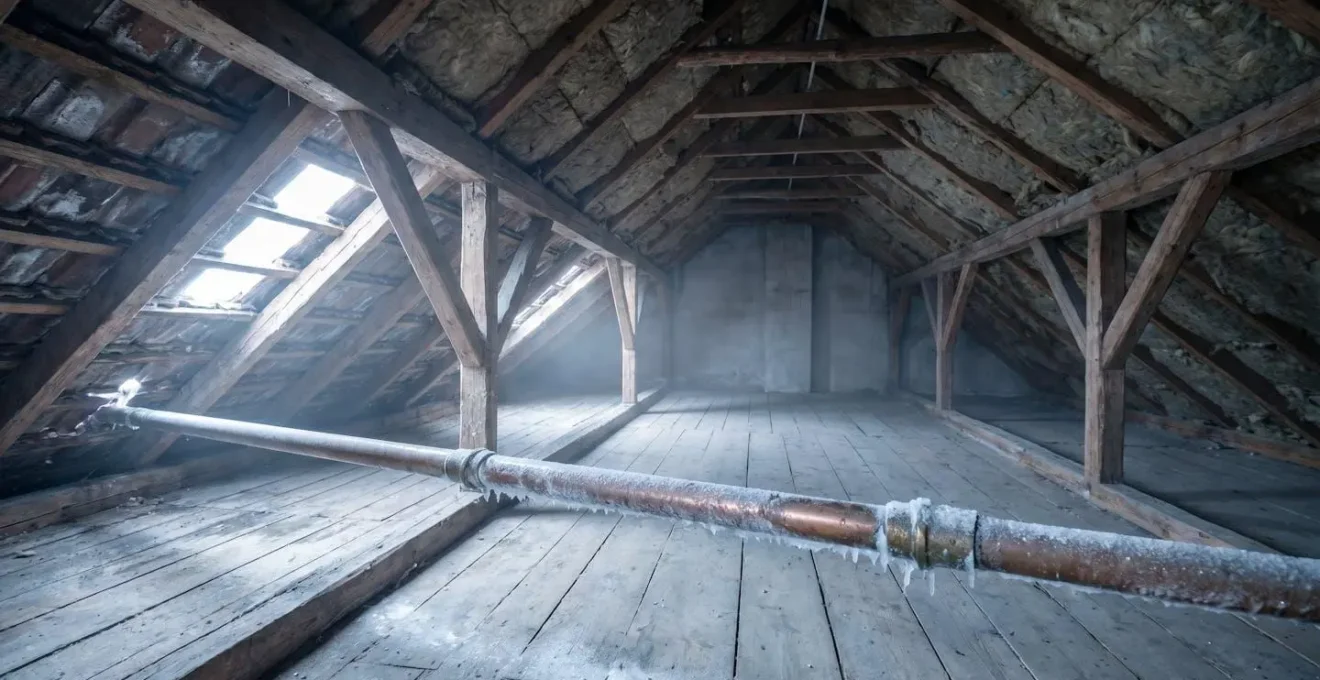 Frozen copper pipe with visible ice crystals and frost buildup in an unheated residential attic space during winter