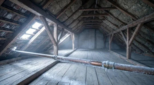 Frozen copper pipe with visible ice crystals and frost buildup in an unheated residential attic space during winter