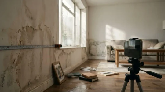 Professional insurance damage documentation scene showing detailed evidence preservation methods