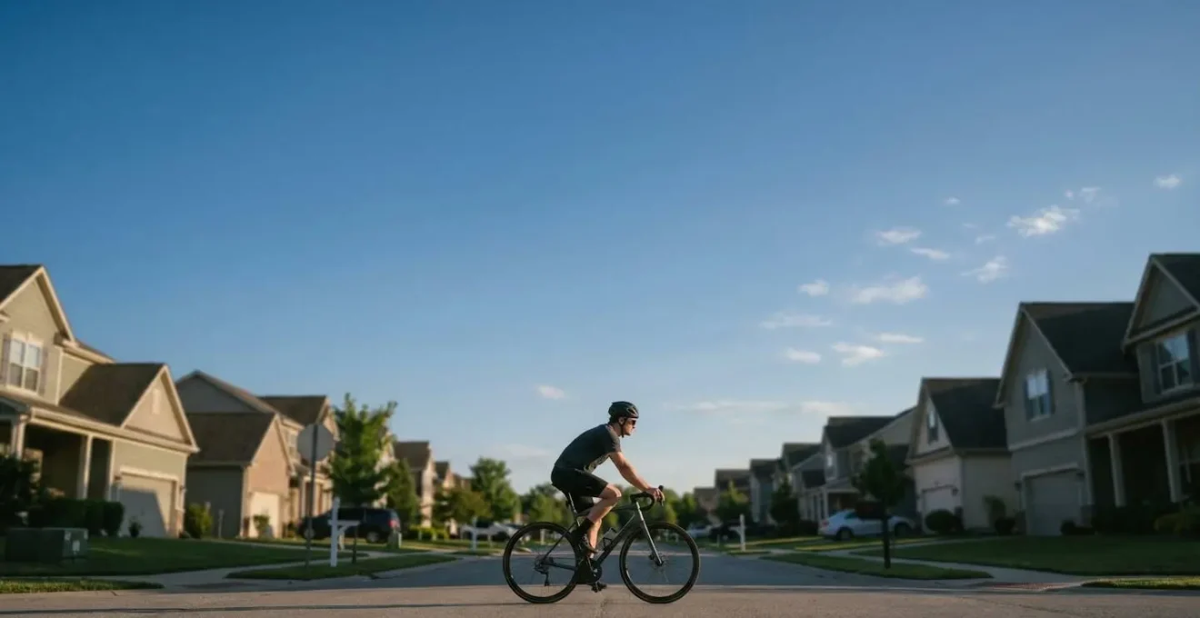 Person cycling on suburban street with residential homes in background illustrating personal liability away from home