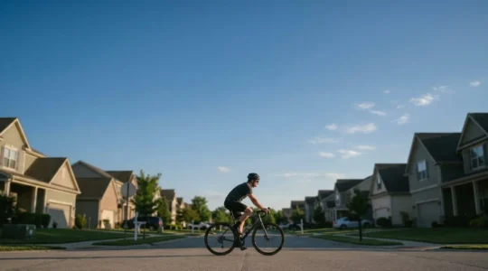 Person cycling on suburban street with residential homes in background illustrating personal liability away from home