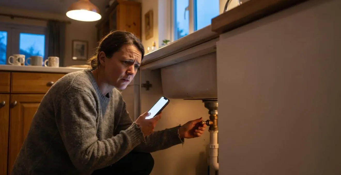 Homeowner managing plumbing emergency with insurance documentation in residential setting