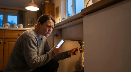 Homeowner managing plumbing emergency with insurance documentation in residential setting