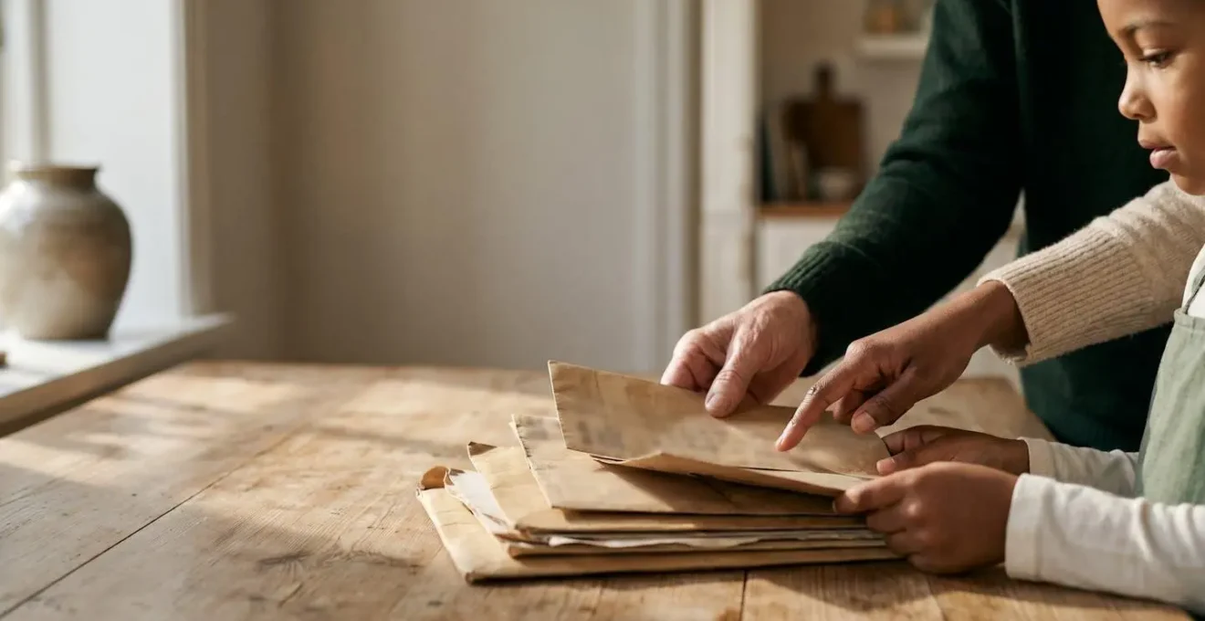 Professional editorial photograph showing a family's hands reviewing documents together at a home table with natural window light