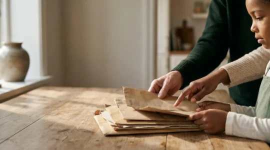 Professional editorial photograph showing a family's hands reviewing documents together at a home table with natural window light