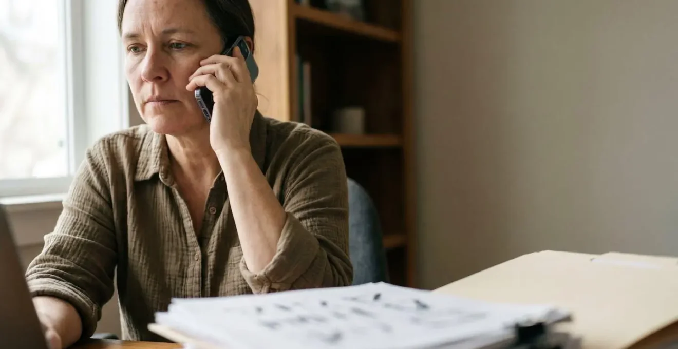Professional making an important insurance claim phone call with documentation ready