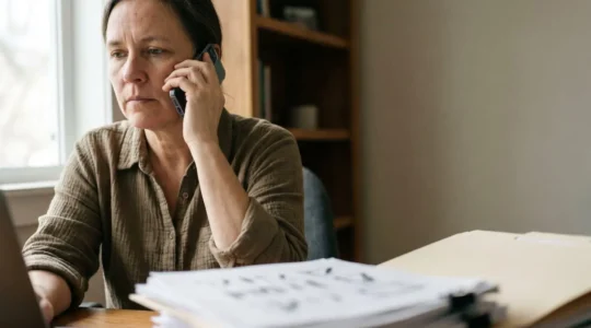 Professional making an important insurance claim phone call with documentation ready