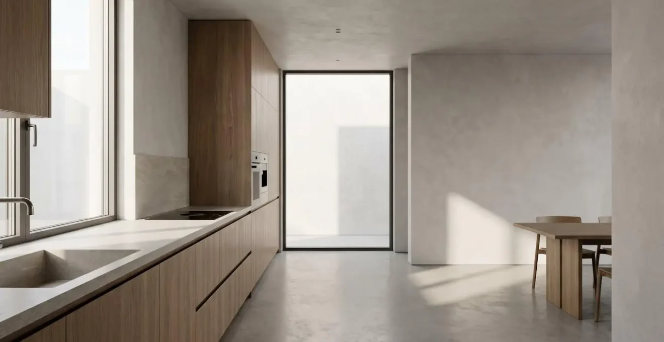 A modern fitted kitchen interior showing the structural elements and fixtures to illustrate the insurance coverage boundary between buildings and contents