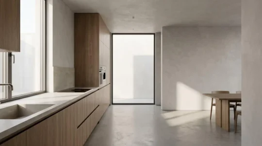 A modern fitted kitchen interior showing the structural elements and fixtures to illustrate the insurance coverage boundary between buildings and contents