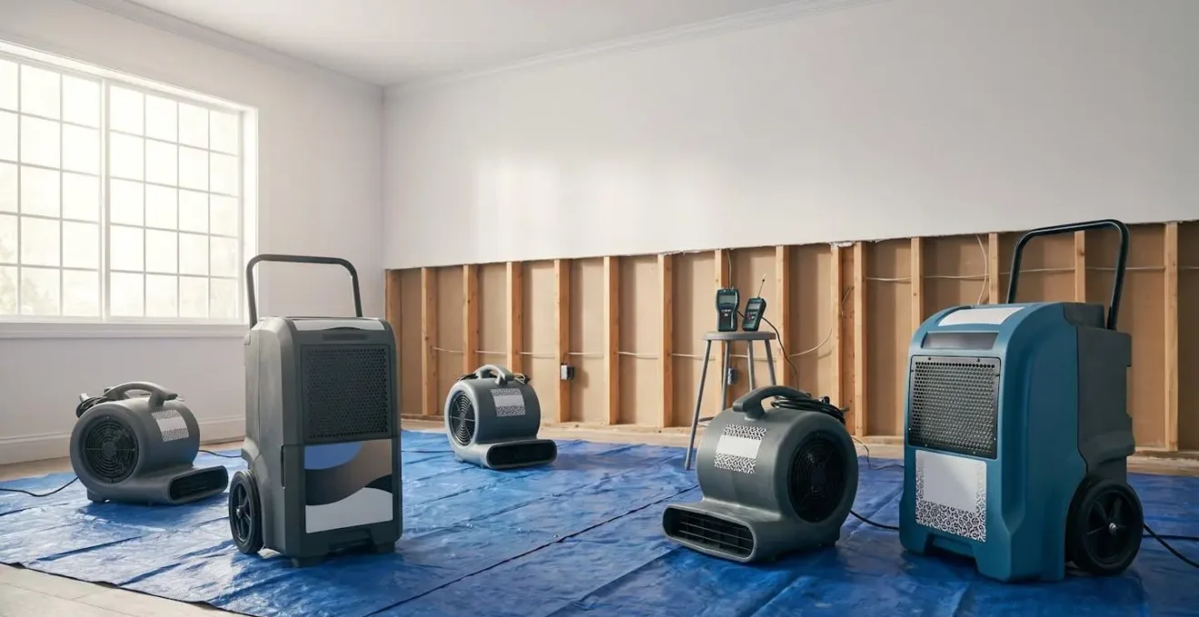 Professional drying equipment strategically positioned in a flood-damaged room with exposed wall cavities showing controlled restoration process