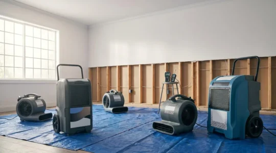 Professional drying equipment strategically positioned in a flood-damaged room with exposed wall cavities showing controlled restoration process