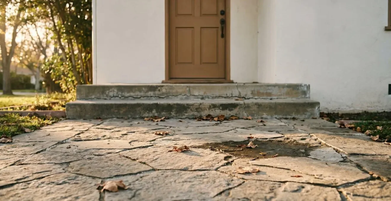 Residential front entrance pathway leading to a door with natural lighting showing potential safety hazards