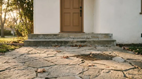 Residential front entrance pathway leading to a door with natural lighting showing potential safety hazards