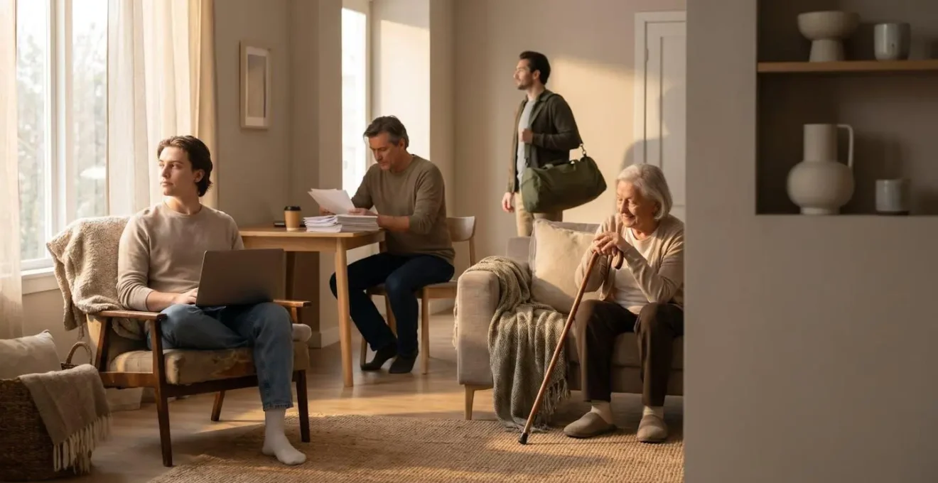 Diverse household members representing different insurance coverage scenarios in a home setting