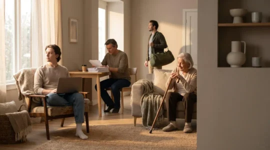 Diverse household members representing different insurance coverage scenarios in a home setting