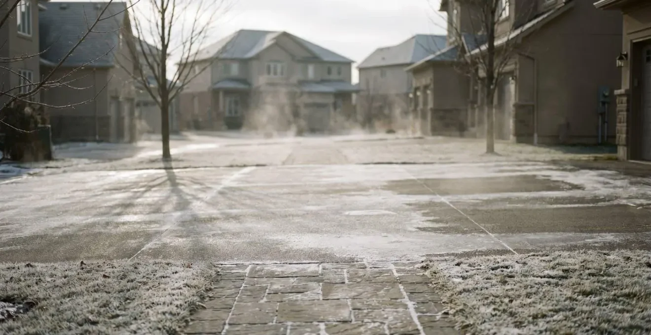 Frost-covered shared residential driveway with subtle ice patches creating natural hazard patterns
