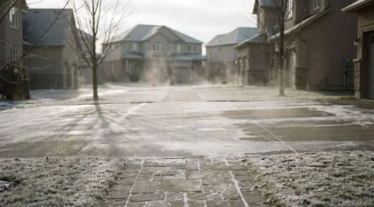 Frost-covered shared residential driveway with subtle ice patches creating natural hazard patterns