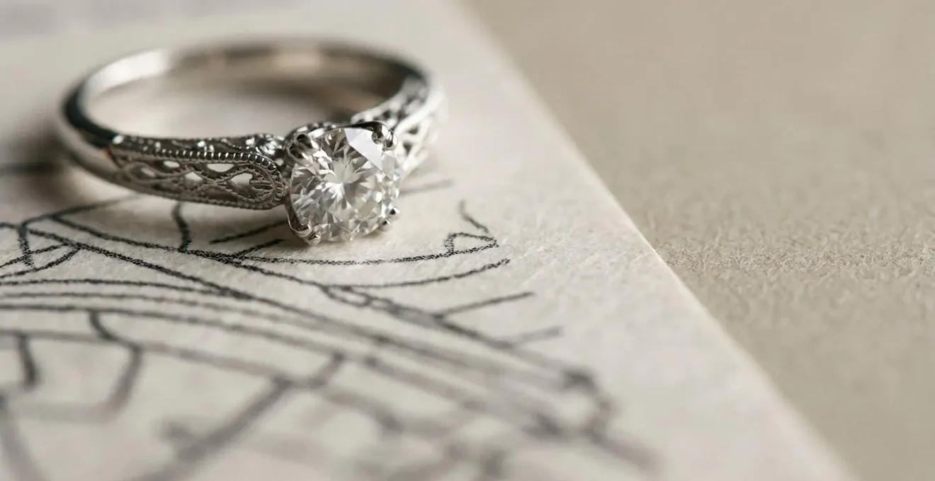 Close-up detail photograph of an elegant diamond engagement ring resting on a brandless insurance policy document with shallow depth of field