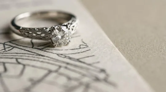 Close-up detail photograph of an elegant diamond engagement ring resting on a brandless insurance policy document with shallow depth of field