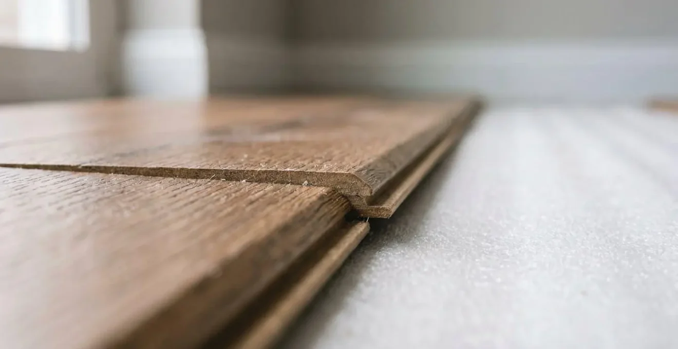 Close-up detail of high-quality laminate flooring planks interlocking in modern interior setting showing method of installation
