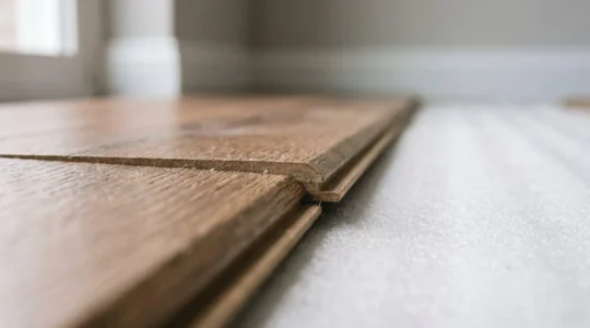 Close-up detail of high-quality laminate flooring planks interlocking in modern interior setting showing method of installation