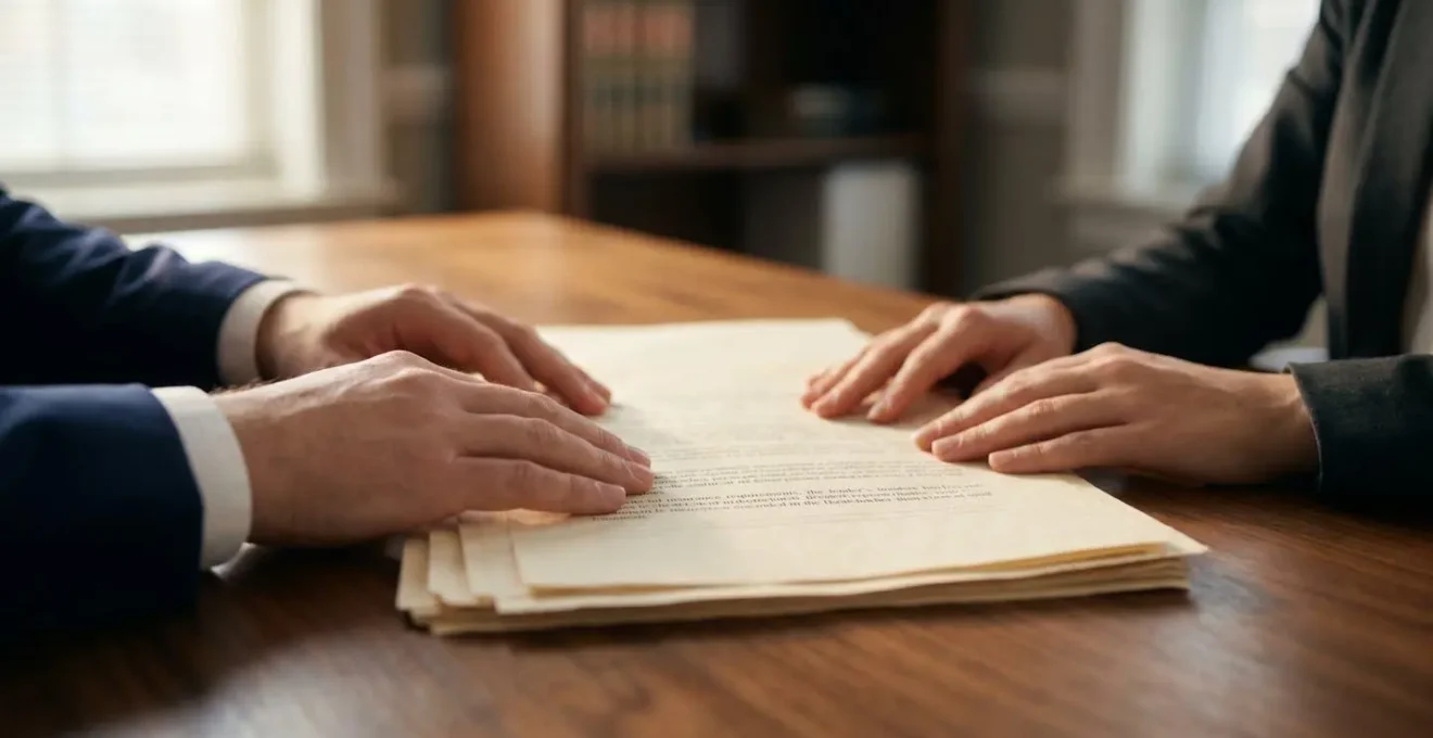 A close-up of professional hands reviewing mortgage documents with a focus on insurance policy paperwork, shot in warm natural lighting with shallow depth of field