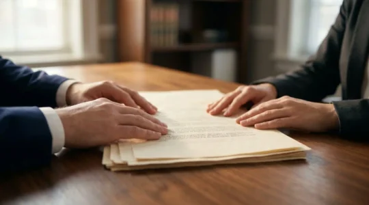 A close-up of professional hands reviewing mortgage documents with a focus on insurance policy paperwork, shot in warm natural lighting with shallow depth of field