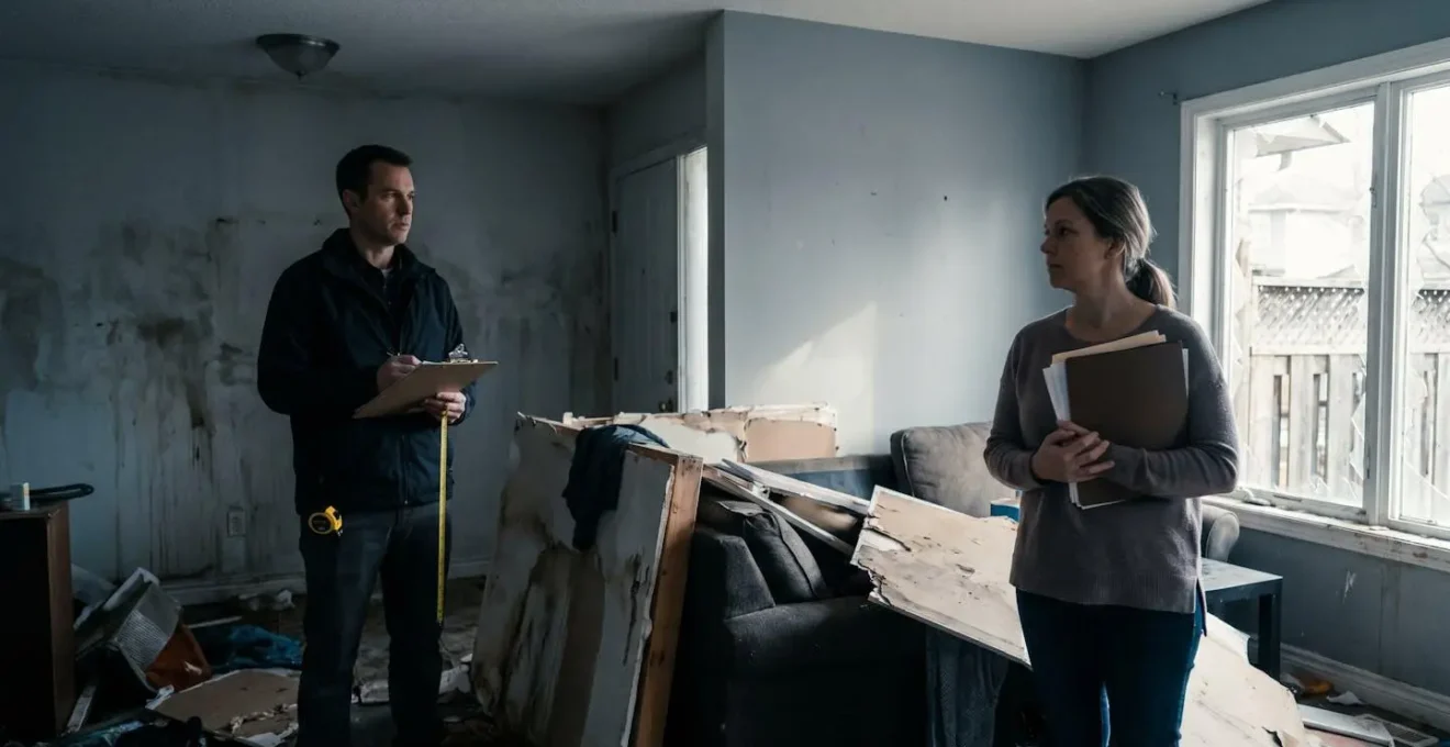 Two professionals facing each other across a damaged property inspection scene, representing opposing interests in insurance claim negotiation