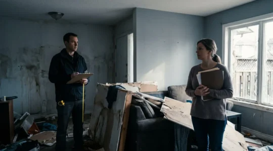 Two professionals facing each other across a damaged property inspection scene, representing opposing interests in insurance claim negotiation