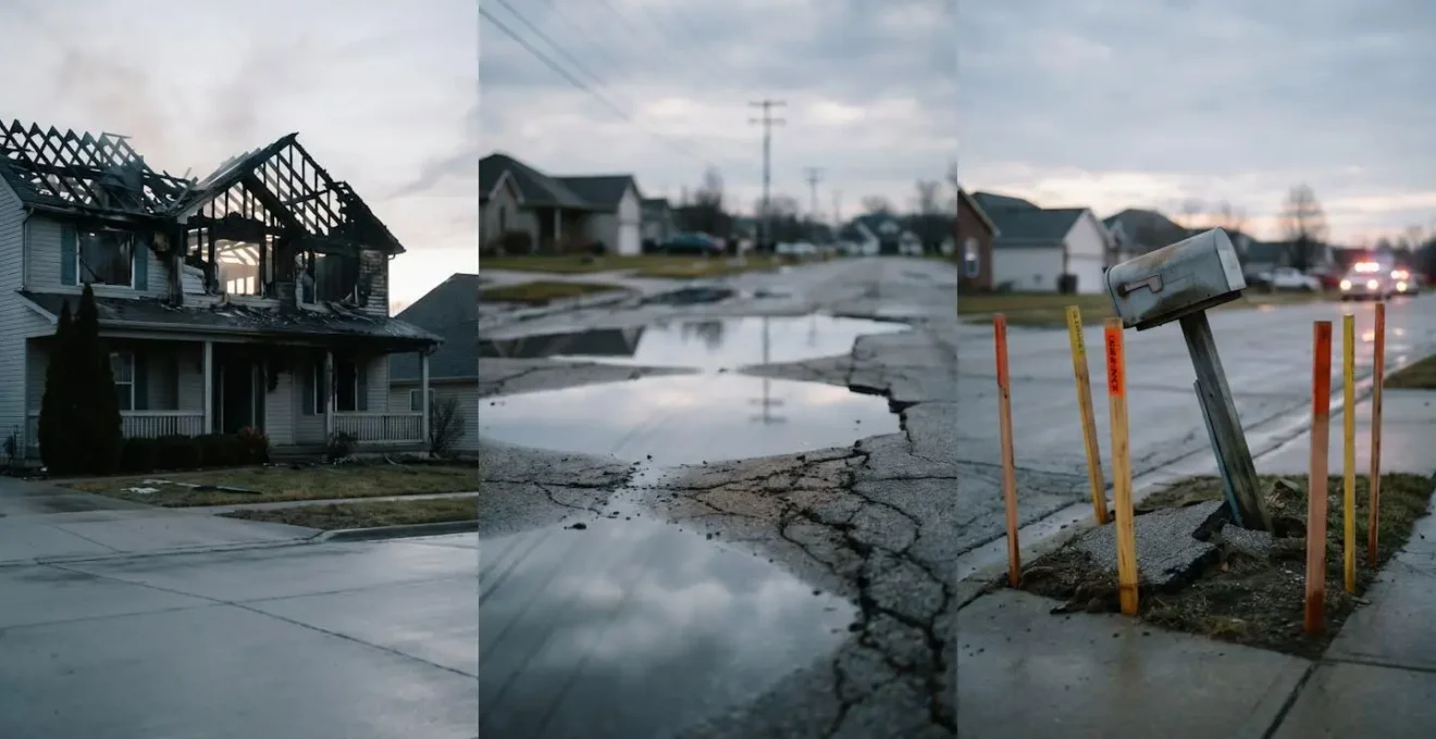Dramatic scene showing insurance claim aftermath with professional assessment