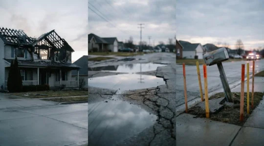 Dramatic scene showing insurance claim aftermath with professional assessment