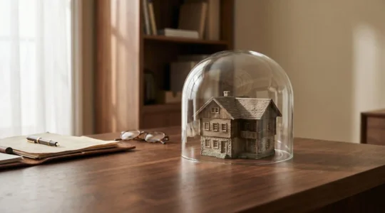Symbolic representation of mortgage lender protection through mandatory buildings insurance requirements before property exchange