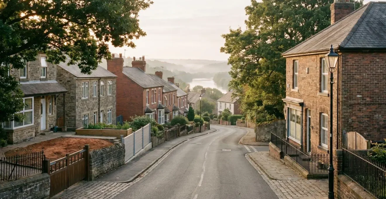 Wide-angle editorial photograph showing a residential British street with diverse property types at golden hour, emphasizing the concept of location-specific risk assessment