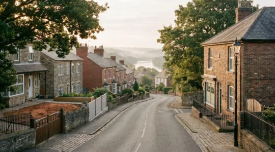 Wide-angle editorial photograph showing a residential British street with diverse property types at golden hour, emphasizing the concept of location-specific risk assessment