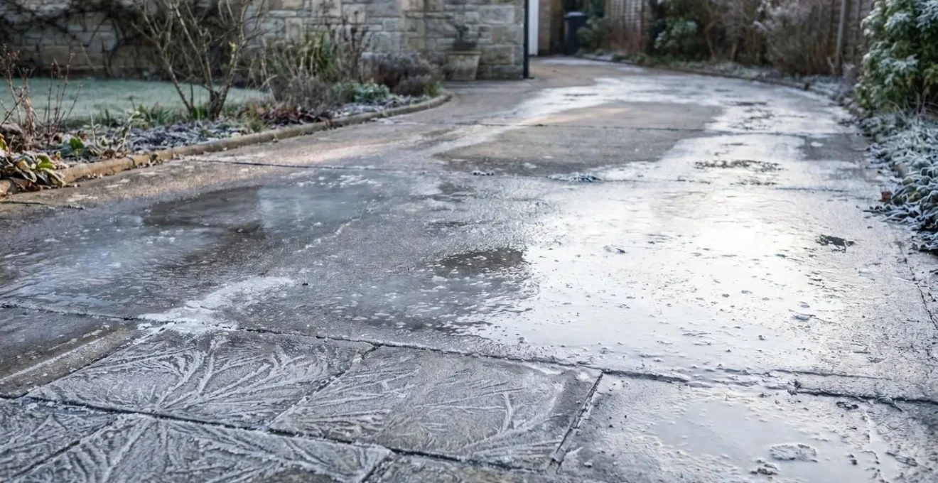 Close-up view of a frost-covered residential driveway with natural morning light highlighting ice crystals and textured concrete surface
