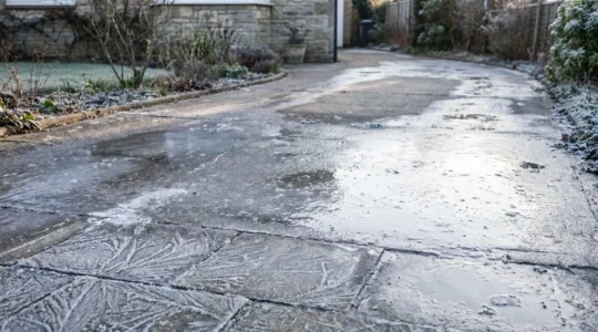 Close-up view of a frost-covered residential driveway with natural morning light highlighting ice crystals and textured concrete surface