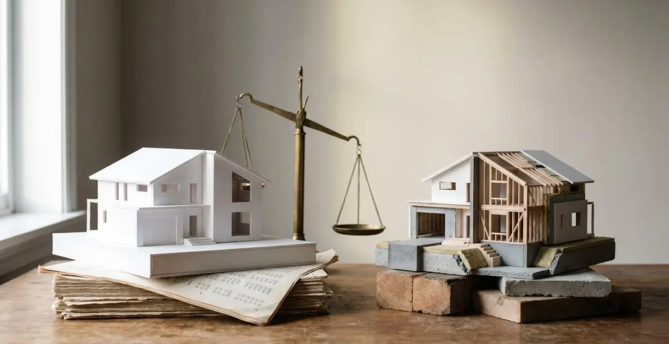 Professional editorial photograph illustrating the disconnect between home market value and reconstruction costs for insurance purposes