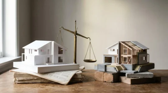 Professional editorial photograph illustrating the disconnect between home market value and reconstruction costs for insurance purposes