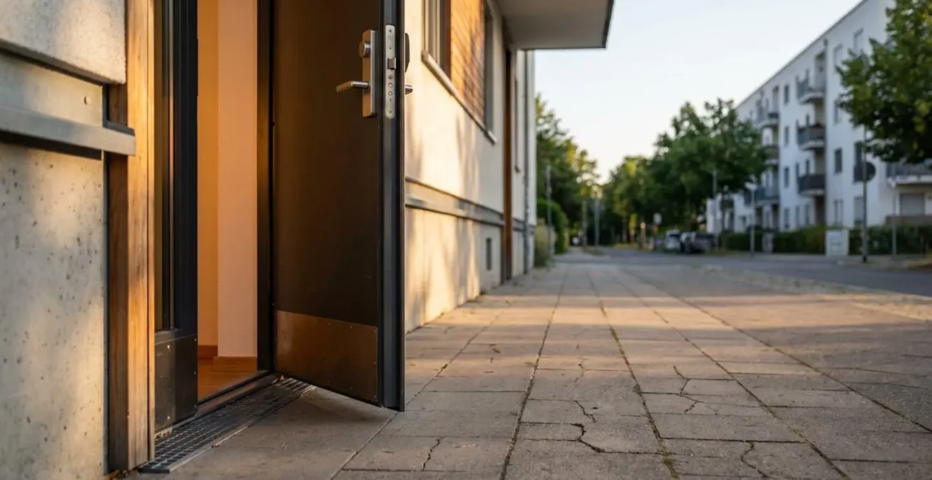 Secure apartment entrance with symbolic protective elements representing tenant insurance coverage