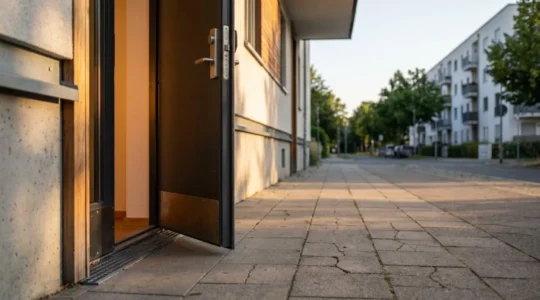 Secure apartment entrance with symbolic protective elements representing tenant insurance coverage