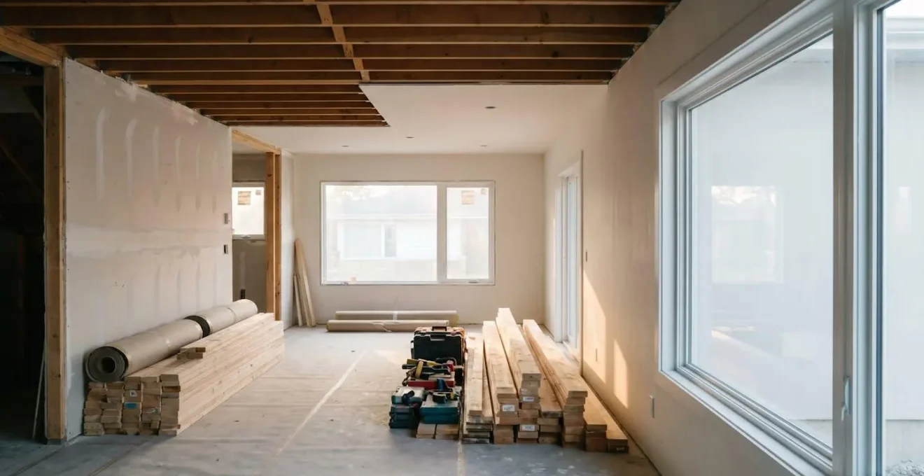 Professional editorial photograph showing home restoration project management with construction materials and architectural plans in natural daylight