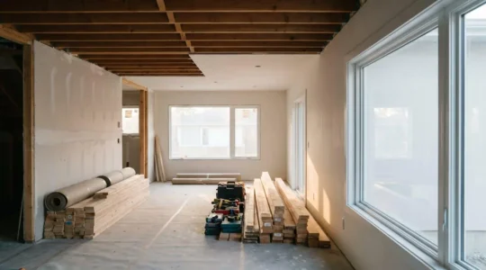 Professional editorial photograph showing home restoration project management with construction materials and architectural plans in natural daylight